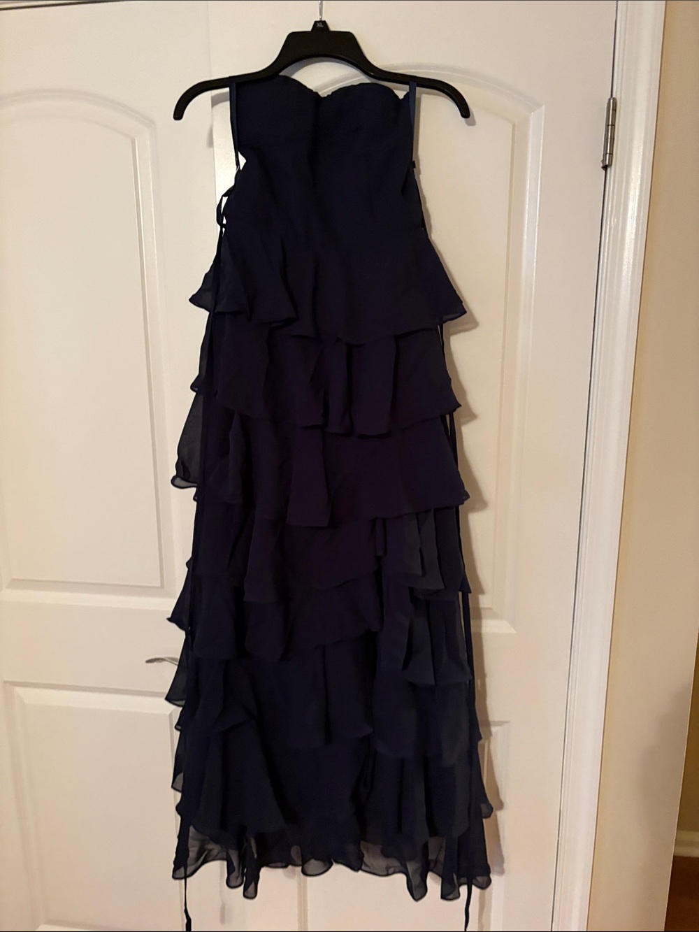 Navy Ruffled Strapless Evening Dress